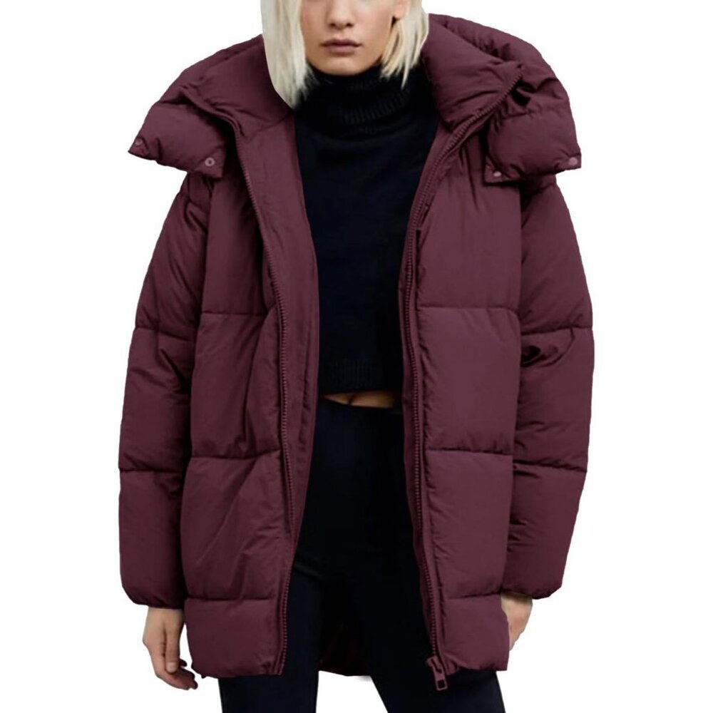 Women's Dark Red Hooded Quilted Puffer Jacket Coat Mid Length Winter Outerwear